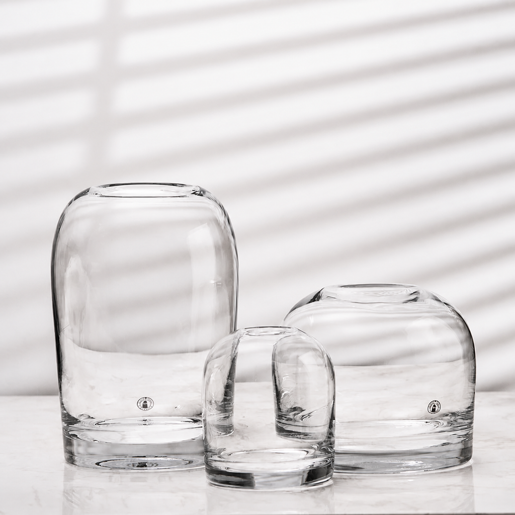 Colección Hikari transparente: jarrón alto, mediano y pequeño