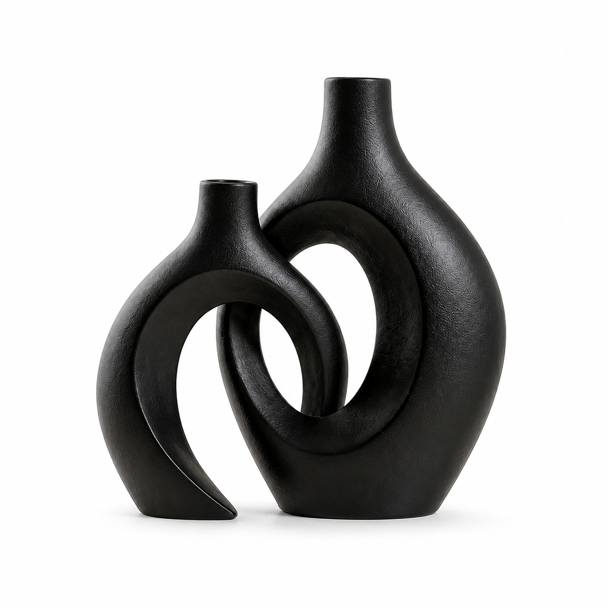 Conjunto Jarrón Kanso negro mate sobre fondo blanco, vista de producto