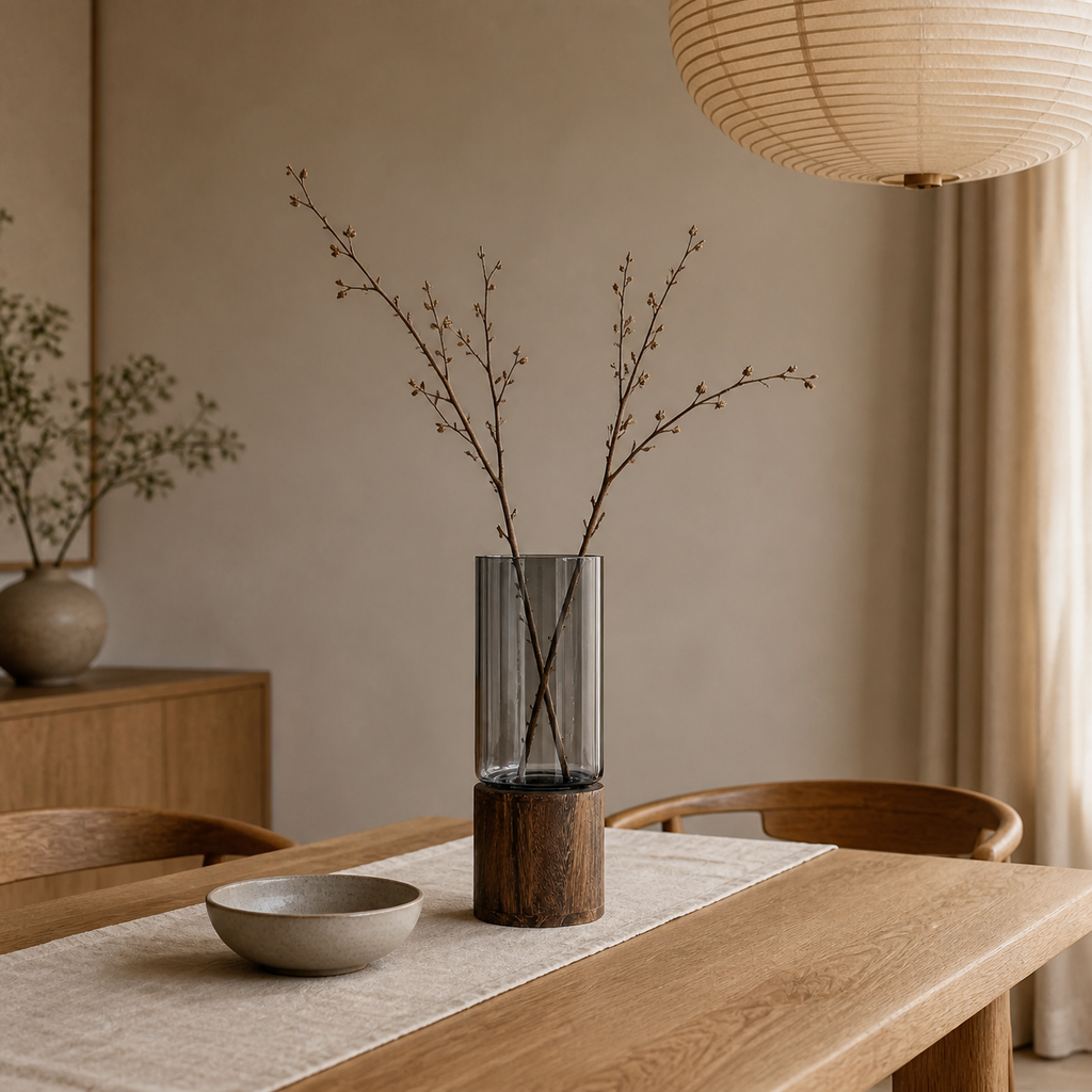 Jarrón Mizu como centro de mesa en un comedor Japandi